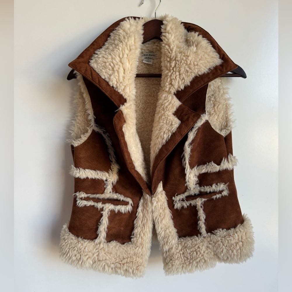 Guess Brown and Cream Faux Shearling Vest